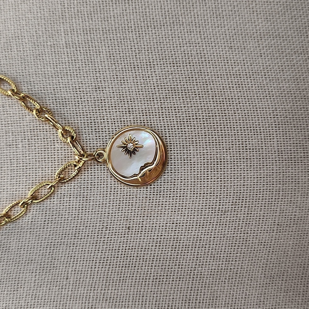 18k Gold Plated Stainless Steel Crescent Moon Pendant Necklace, Mother of Pearl